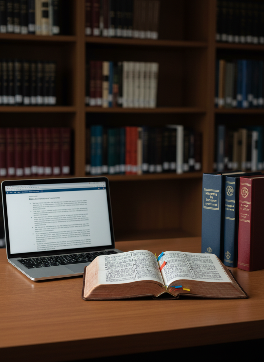 A meticulously arranged wooden study desk holds an open, weathered Hebrew Bible with crisp, legible black script and carefully placed colored page markers. Beside it rests a modern laptop displaying a clean, text-only research document, and a neatly stacked set of hardbound reference volumes on biblical law. The desk sits in a quiet, minimalist library nook with tall shelves of scholarly religious texts fading softly into the background. Cool, diffused daylight from an unseen window illuminates the pages, creating gentle, directional shadows that emphasize the texture of the paper. Captured at eye level with a slightly shallow depth of field, the composition feels focused and academic. Photographic realism, clean and professional, with an atmosphere of serious, contemplative study and no decorative or distracting elements.