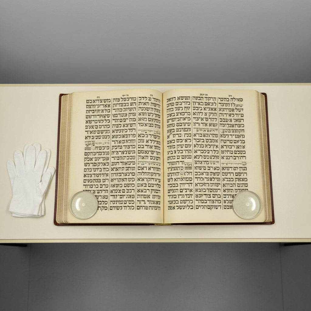 A close-up, overhead photographic view of a large, open Torah codex resting on a flat, neutral-toned archival table. The parchment pages are slightly yellowed, showing fine grain and faint creases, with carefully inked square Hebrew letters in uniform columns. Acid-free weights gently hold the pages flat, and slim archival gloves lie folded neatly off to one side, suggesting careful handling without showing hands. Soft, even museum-style lighting falls from above, eliminating harsh shadows and revealing every nuance of the script. The background is plain and uncluttered, emphasizing the text as the central subject. The mood is precise, scholarly, and reverent toward the ancient document, with photographic realism and a centered, symmetrical composition that reinforces an authoritative, academic tone.