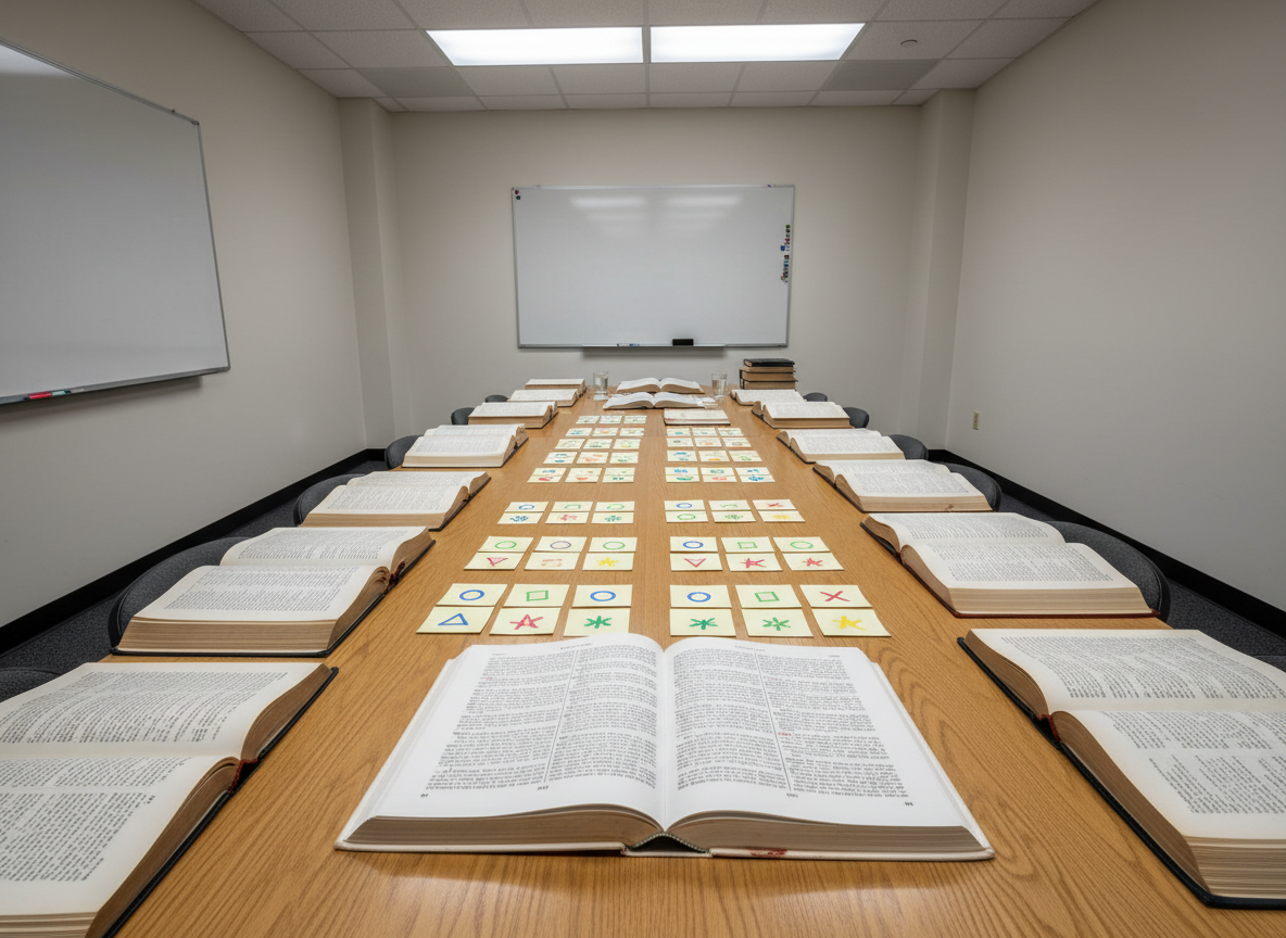 A long, polished oak table in a university seminar room is lined with open books on Karaite Judaism, each volume displaying dense, text-only pages with footnotes and marginalia. Simple paper note cards bearing color-coded symbols (no readable text) are arranged in tidy clusters to represent themes and interpretations. At the far end of the table, a simple glass of water and a closed notebook add to the sense of an active research session. Neutral walls and a large whiteboard in the background remain blank, keeping attention on the texts. Bright but diffused overhead lighting provides even illumination across the scene. Shot from a slightly elevated, wide-angle perspective with sharp focus throughout, the image has a calm, serious, educational atmosphere and a photographic, documentary style.