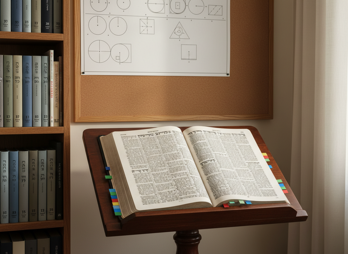 A photographic, eye-level shot of a compact home study corner dedicated to Scripture interpretation. A sturdy, dark wood lectern supports an open Hebrew Bible, its pages marked with slim, colored tabs along the edges. Beside the lectern, a narrow shelf holds a row of plain-spined academic commentaries and lexicons, all text-only without decorative graphics. On the wall above, a simple corkboard displays neatly pinned, hand-drawn charts of grammatical structures and verse divisions, represented by lines and geometric shapes rather than readable text. Soft, indirect afternoon light enters from the side, casting subtle shadows that define the forms without distraction. The mood is focused and orderly, with a clear, professional aesthetic that emphasizes disciplined, text-centered study.